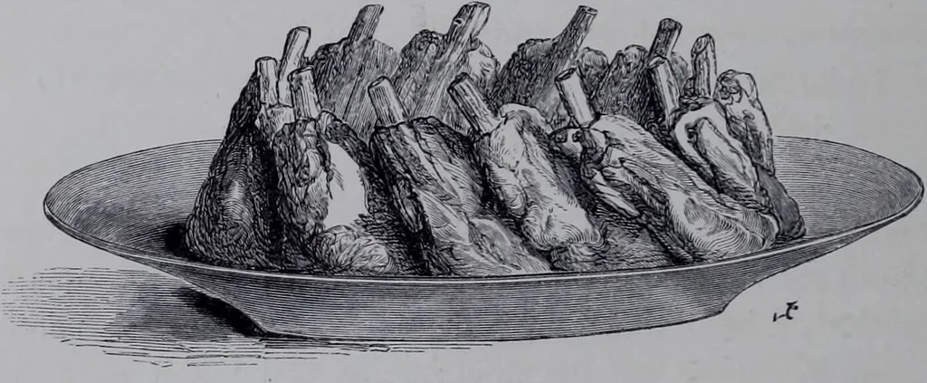 An illustration from The royal cookery book (le livre de cuisine) / by Jules Gouffé ; translated from the French and adapted for English use by Alphonse Gouffé ... comprising domestic and high-class cookery, illustrated with sixteen large plates printed in colours, and one hundred and sixty-one woodcuts from drawing from nature by E. Ronjat., 1868, leaf 162