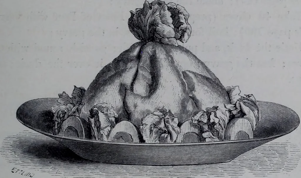 An illustration from The royal cookery book (le livre de cuisine) / by Jules Gouffé ; translated from the French and adapted for English use by Alphonse Gouffé ... comprising domestic and high-class cookery, illustrated with sixteen large plates printed in colours, and one hundred and sixty-one woodcuts from drawing from nature by E. Ronjat., 1868, leaf 175