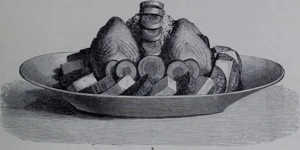 An illustration from The royal cookery book (le livre de cuisine) / by Jules Gouffé ; translated from the French and adapted for English use by Alphonse Gouffé ... comprising domestic and high-class cookery, illustrated with sixteen large plates printed in colours, and one hundred and sixty-one woodcuts from drawing from nature by E. Ronjat., 1868, leaf 189