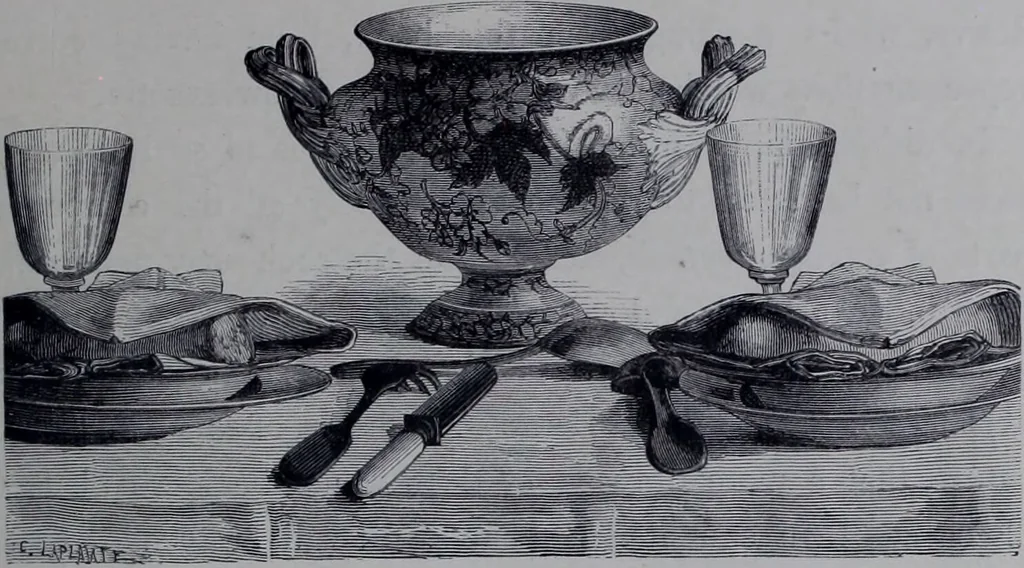 An illustration from The royal cookery book (le livre de cuisine) / by Jules Gouffé ; translated from the French and adapted for English use by Alphonse Gouffé ... comprising domestic and high-class cookery, illustrated with sixteen large plates printed in colours, and one hundred and sixty-one woodcuts from drawing from nature by E. Ronjat., 1868, leaf 23