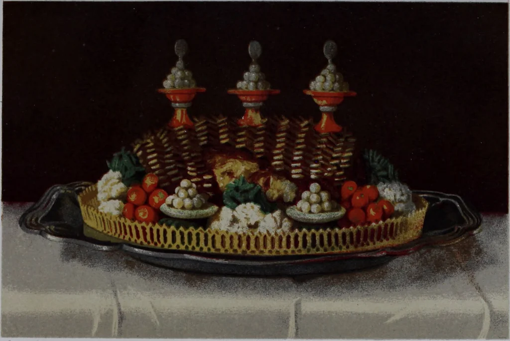 An illustration from The royal cookery book (le livre de cuisine) / by Jules Gouffé ; translated from the French and adapted for English use by Alphonse Gouffé ... comprising domestic and high-class cookery, illustrated with sixteen large plates printed in colours, and one hundred and sixty-one woodcuts from drawing from nature by E. Ronjat., 1868, leaf 425