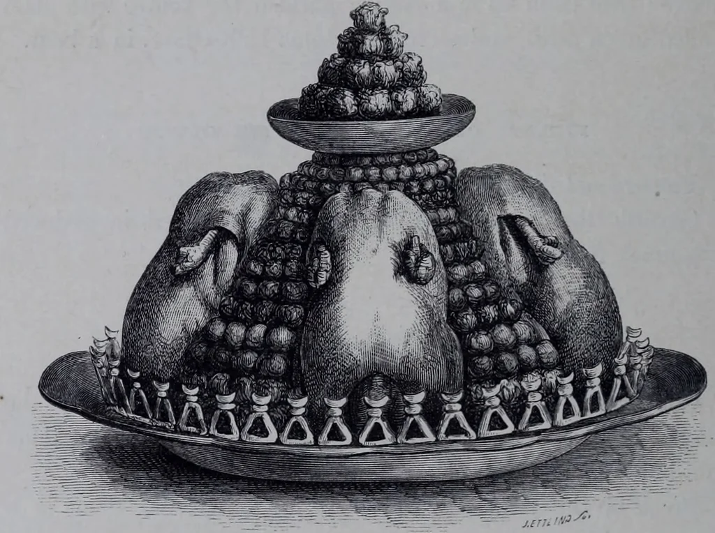 An illustration from The royal cookery book (le livre de cuisine) / by Jules Gouffé ; translated from the French and adapted for English use by Alphonse Gouffé ... comprising domestic and high-class cookery, illustrated with sixteen large plates printed in colours, and one hundred and sixty-one woodcuts from drawing from nature by E. Ronjat., 1868, leaf 510