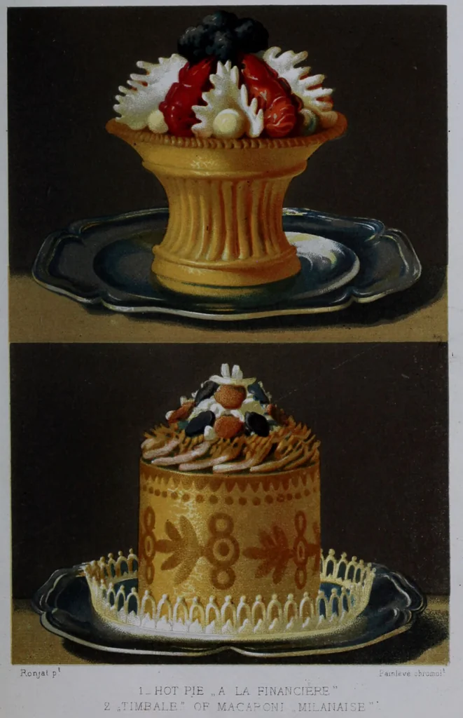 An illustration from The royal cookery book (le livre de cuisine) / by Jules Gouffé ; translated from the French and adapted for English use by Alphonse Gouffé ... comprising domestic and high-class cookery, illustrated with sixteen large plates printed in colours, and one hundred and sixty-one woodcuts from drawing from nature by E. Ronjat., 1868, leaf 585