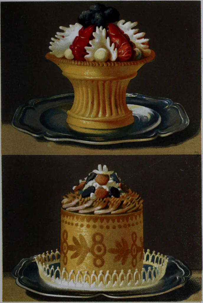 An illustration from The royal cookery book (le livre de cuisine) / by Jules Gouffé ; translated from the French and adapted for English use by Alphonse Gouffé ... comprising domestic and high-class cookery, illustrated with sixteen large plates printed in colours, and one hundred and sixty-one woodcuts from drawing from nature by E. Ronjat., 1868, leaf 585