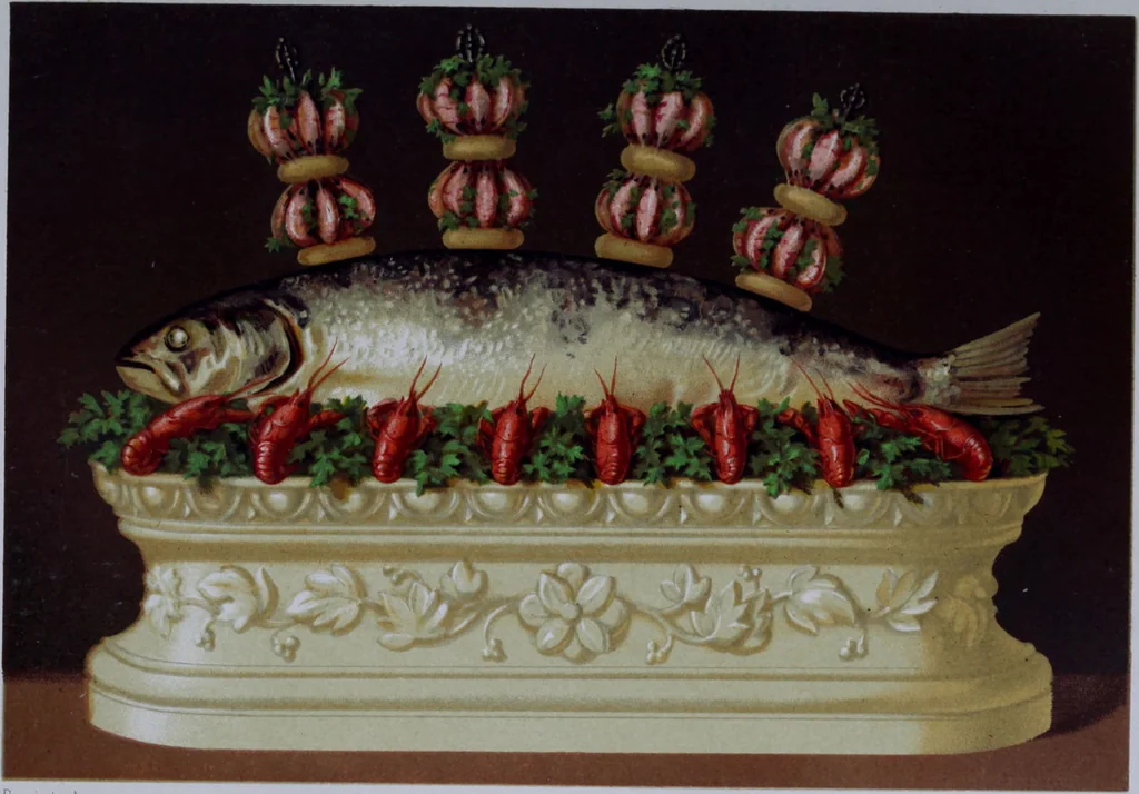 An illustration from The royal cookery book (le livre de cuisine) / by Jules Gouffé ; translated from the French and adapted for English use by Alphonse Gouffé ... comprising domestic and high-class cookery, illustrated with sixteen large plates printed in colours, and one hundred and sixty-one woodcuts from drawing from nature by E. Ronjat., 1868, leaf 618