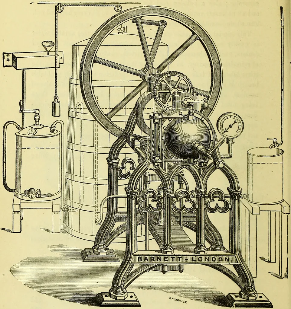 An illustration from The confectioners' hand-book and practical guide to the art of sugar boiling in all its branches : the manufacture of creams, fondants, liqueurs, pastilles, jujubes (gelatine and gum), comfits, lozenges (plain and medicated), chocolate, chocolate creams, drops, bars, &c; American caramels, ice creams and moulded ices of every description : jams, jellies and marmalades (by fire and steam). Preserved and crystalized fruits, candied peel, English and Scotch pastry, cordials and syrups for American hot & iced beverages. Aerated waters of every description, by hand and machine, for bottle, syphon, or fountain, ginger beer, horehound, and other fermented beers. The recipes are accompanied with full and clear instructions in every branch. Every information about colours and flavours; the best to use and how to make them. Useful notes on machinery for every purpose, and about one hundred illustrations., 1883, leaf 114