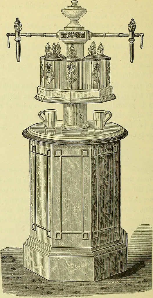 An illustration from The confectioners' hand-book and practical guide to the art of sugar boiling in all its branches : the manufacture of creams, fondants, liqueurs, pastilles, jujubes (gelatine and gum), comfits, lozenges (plain and medicated), chocolate, chocolate creams, drops, bars, &c; American caramels, ice creams and moulded ices of every description : jams, jellies and marmalades (by fire and steam). Preserved and crystalized fruits, candied peel, English and Scotch pastry, cordials and syrups for American hot & iced beverages. Aerated waters of every description, by hand and machine, for bottle, syphon, or fountain, ginger beer, horehound, and other fermented beers. The recipes are accompanied with full and clear instructions in every branch. Every information about colours and flavours; the best to use and how to make them. Useful notes on machinery for every purpose, and about one hundred illustrations., 1883, leaf 124