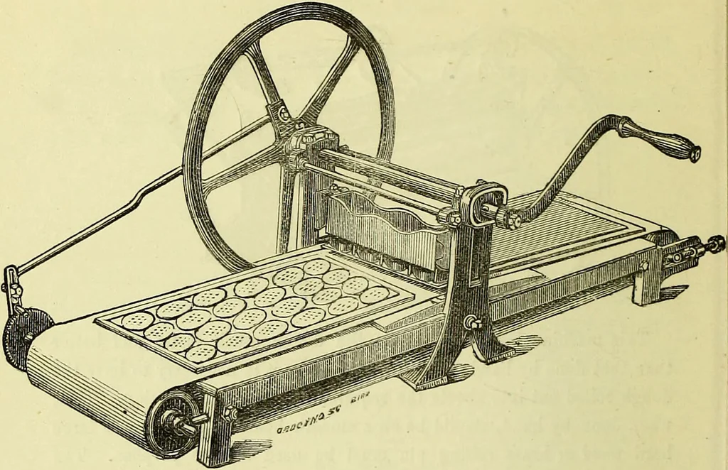 An illustration from The confectioners' hand-book and practical guide to the art of sugar boiling in all its branches : the manufacture of creams, fondants, liqueurs, pastilles, jujubes (gelatine and gum), comfits, lozenges (plain and medicated), chocolate, chocolate creams, drops, bars, &c; American caramels, ice creams and moulded ices of every description : jams, jellies and marmalades (by fire and steam). Preserved and crystalized fruits, candied peel, English and Scotch pastry, cordials and syrups for American hot & iced beverages. Aerated waters of every description, by hand and machine, for bottle, syphon, or fountain, ginger beer, horehound, and other fermented beers. The recipes are accompanied with full and clear instructions in every branch. Every information about colours and flavours; the best to use and how to make them. Useful notes on machinery for every purpose, and about one hundred illustrations., 1883, leaf 172
