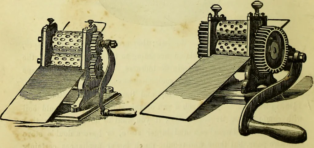 An illustration from The confectioners' hand-book and practical guide to the art of sugar boiling in all its branches : the manufacture of creams, fondants, liqueurs, pastilles, jujubes (gelatine and gum), comfits, lozenges (plain and medicated), chocolate, chocolate creams, drops, bars, &c; American caramels, ice creams and moulded ices of every description : jams, jellies and marmalades (by fire and steam). Preserved and crystalized fruits, candied peel, English and Scotch pastry, cordials and syrups for American hot & iced beverages. Aerated waters of every description, by hand and machine, for bottle, syphon, or fountain, ginger beer, horehound, and other fermented beers. The recipes are accompanied with full and clear instructions in every branch. Every information about colours and flavours; the best to use and how to make them. Useful notes on machinery for every purpose, and about one hundred illustrations., 1883, leaf 18