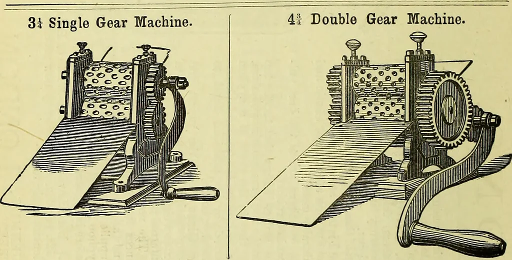 An illustration from The confectioners' hand-book and practical guide to the art of sugar boiling in all its branches : the manufacture of creams, fondants, liqueurs, pastilles, jujubes (gelatine and gum), comfits, lozenges (plain and medicated), chocolate, chocolate creams, drops, bars, &c; American caramels, ice creams and moulded ices of every description : jams, jellies and marmalades (by fire and steam). Preserved and crystalized fruits, candied peel, English and Scotch pastry, cordials and syrups for American hot & iced beverages. Aerated waters of every description, by hand and machine, for bottle, syphon, or fountain, ginger beer, horehound, and other fermented beers. The recipes are accompanied with full and clear instructions in every branch. Every information about colours and flavours; the best to use and how to make them. Useful notes on machinery for every purpose, and about one hundred illustrations., 1883, leaf 214