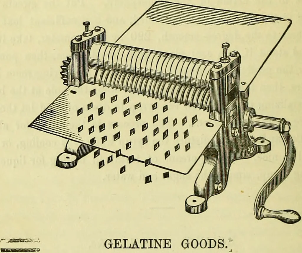 An illustration from The confectioners' hand-book and practical guide to the art of sugar boiling in all its branches : the manufacture of creams, fondants, liqueurs, pastilles, jujubes (gelatine and gum), comfits, lozenges (plain and medicated), chocolate, chocolate creams, drops, bars, &c; American caramels, ice creams and moulded ices of every description : jams, jellies and marmalades (by fire and steam). Preserved and crystalized fruits, candied peel, English and Scotch pastry, cordials and syrups for American hot & iced beverages. Aerated waters of every description, by hand and machine, for bottle, syphon, or fountain, ginger beer, horehound, and other fermented beers. The recipes are accompanied with full and clear instructions in every branch. Every information about colours and flavours; the best to use and how to make them. Useful notes on machinery for every purpose, and about one hundred illustrations., 1883, leaf 58
