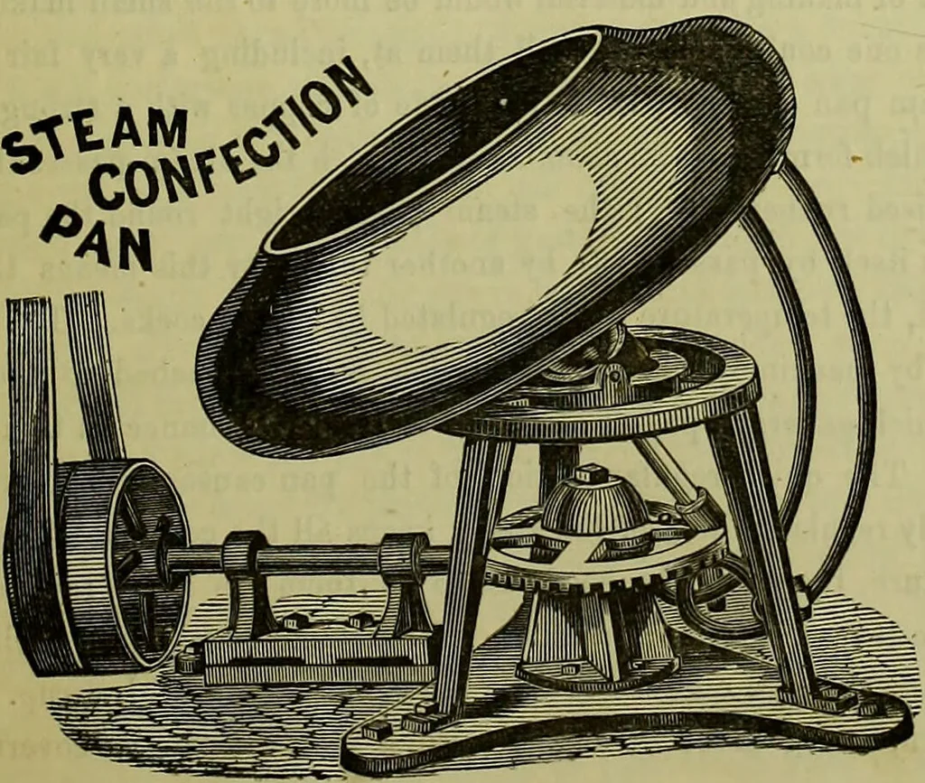 An illustration from The confectioners' hand-book and practical guide to the art of sugar boiling in all its branches : the manufacture of creams, fondants, liqueurs, pastilles, jujubes (gelatine and gum), comfits, lozenges (plain and medicated), chocolate, chocolate creams, drops, bars, &c; American caramels, ice creams and moulded ices of every description : jams, jellies and marmalades (by fire and steam). Preserved and crystalized fruits, candied peel, English and Scotch pastry, cordials and syrups for American hot & iced beverages. Aerated waters of every description, by hand and machine, for bottle, syphon, or fountain, ginger beer, horehound, and other fermented beers. The recipes are accompanied with full and clear instructions in every branch. Every information about colours and flavours; the best to use and how to make them. Useful notes on machinery for every purpose, and about one hundred illustrations., 1883, leaf 75