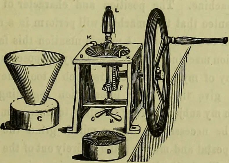 An illustration from The confectioners' hand-book and practical guide to the art of sugar boiling in all its branches : the manufacture of creams, fondants, liqueurs, pastilles, jujubes (gelatine and gum), comfits, lozenges (plain and medicated), chocolate, chocolate creams, drops, bars, &c; American caramels, ice creams and moulded ices of every description : jams, jellies and marmalades (by fire and steam). Preserved and crystalized fruits, candied peel, English and Scotch pastry, cordials and syrups for American hot & iced beverages. Aerated waters of every description, by hand and machine, for bottle, syphon, or fountain, ginger beer, horehound, and other fermented beers. The recipes are accompanied with full and clear instructions in every branch. Every information about colours and flavours; the best to use and how to make them. Useful notes on machinery for every purpose, and about one hundred illustrations., 1883, leaf 81