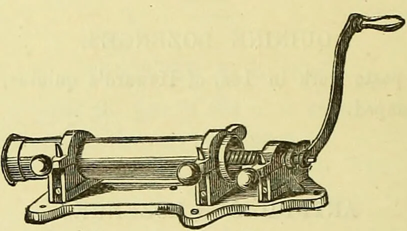 An illustration from The confectioners' hand-book and practical guide to the art of sugar boiling in all its branches : the manufacture of creams, fondants, liqueurs, pastilles, jujubes (gelatine and gum), comfits, lozenges (plain and medicated), chocolate, chocolate creams, drops, bars, &c; American caramels, ice creams and moulded ices of every description : jams, jellies and marmalades (by fire and steam). Preserved and crystalized fruits, candied peel, English and Scotch pastry, cordials and syrups for American hot & iced beverages. Aerated waters of every description, by hand and machine, for bottle, syphon, or fountain, ginger beer, horehound, and other fermented beers. The recipes are accompanied with full and clear instructions in every branch. Every information about colours and flavours; the best to use and how to make them. Useful notes on machinery for every purpose, and about one hundred illustrations., 1883, leaf 88
