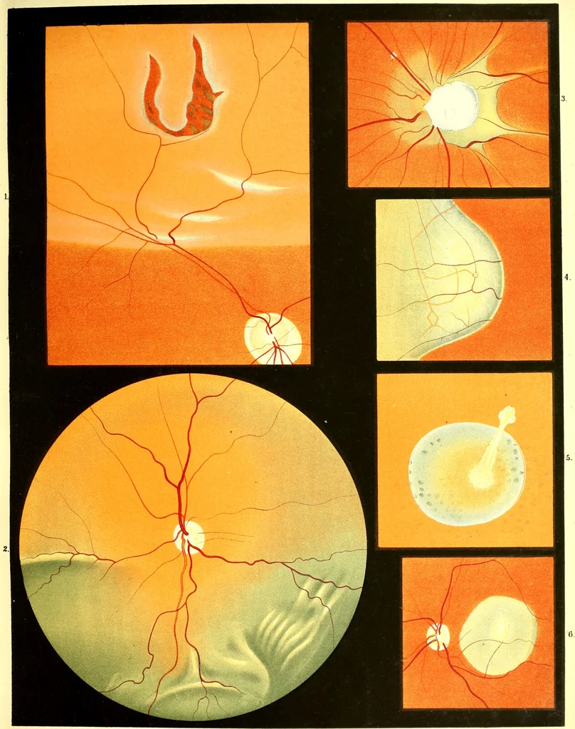 An illustration from Atlas of ophthalmoscopy : Representing the normal and pathological conditions of the fundus oculi as seen with the ophthalmoscope. Composed of 12 chromolithographic plates, containing 59 figures, drawn from nature and accompanied by an explanatory text / by Dr. R. Liebreich, the text translated by H. Rosborough Swanzy., 1870, leaf 59