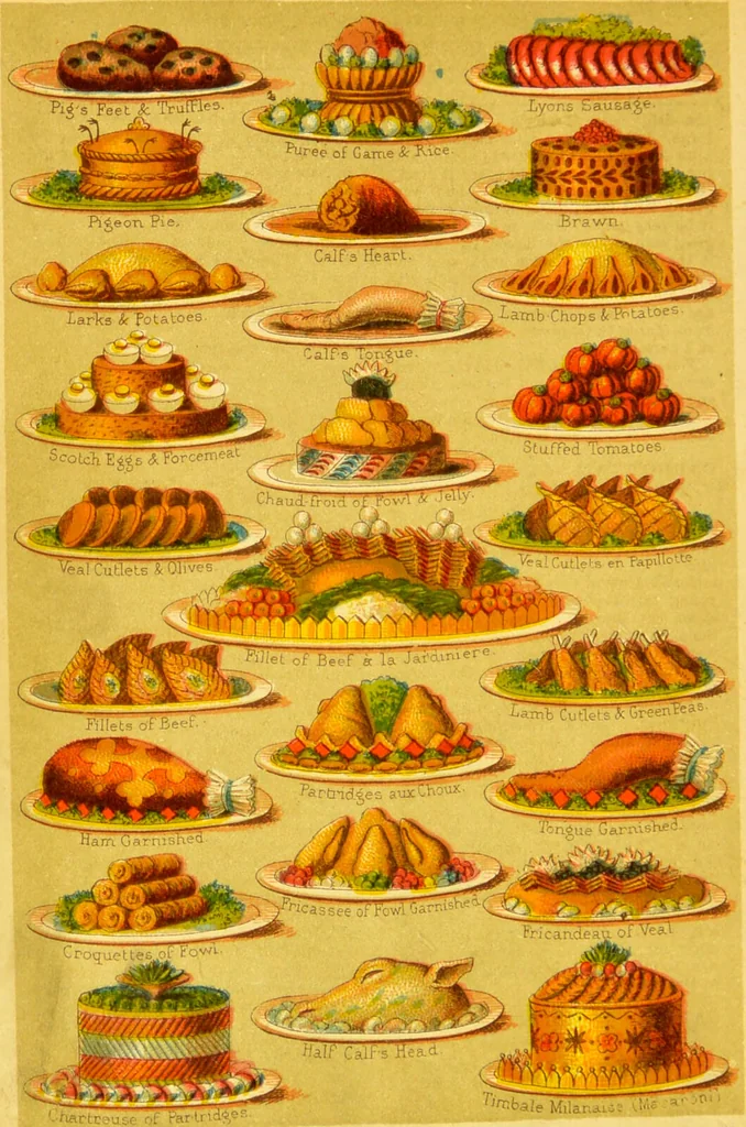 An illustration from Beeton's every-day cookery and housekeeping book : comprising instructions for mistress and servants, and a collection of over sixteen hundred and fifty practical receipts. With numerous wood engravings and one hundred and forty-two coloured figures, showing the proper mode of sending dishes to table., 1888, leaf 150
