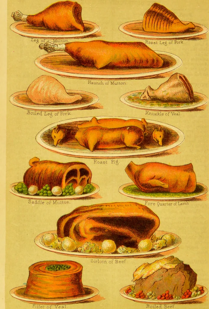An illustration from Beeton's every-day cookery and housekeeping book : comprising instructions for mistress and servants, and a collection of over sixteen hundred and fifty practical receipts. With numerous wood engravings and one hundred and forty-two coloured figures, showing the proper mode of sending dishes to table., 1888, leaf 216