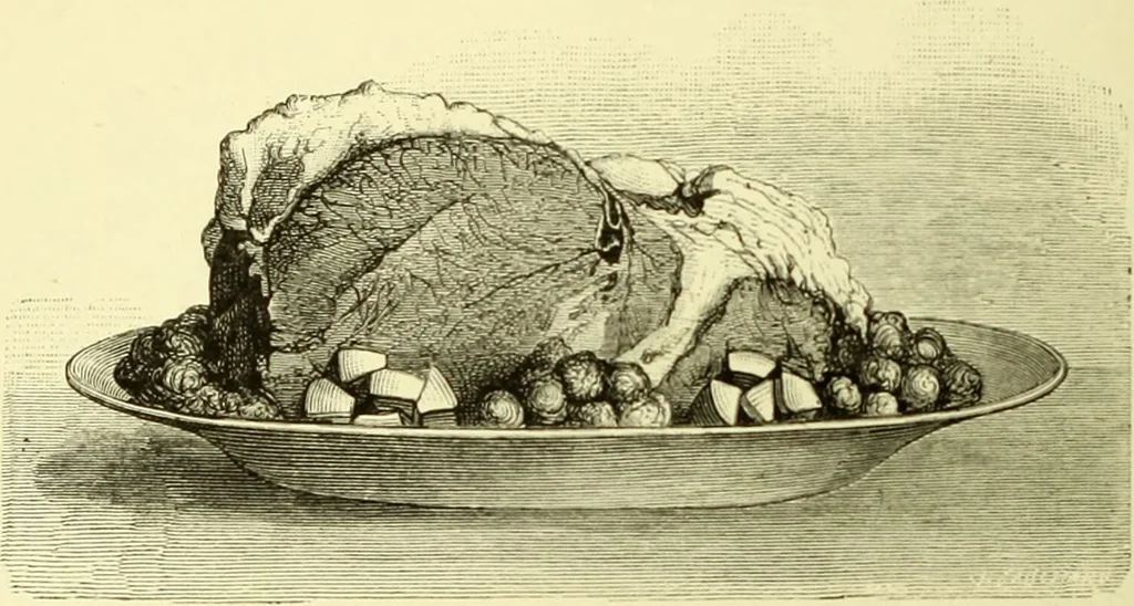 An illustration from The royal cookery book (le livre de cuisine) / by Jules Gouffé ; translated from the French and adapted for English use by Alphonse Gouffé ... comprising domestic and high-class cookery, illustrated with sixteen large plates printed in colours, and one hundred and sixty-one woodcuts from drawings from nature by E. Ronjat., 1883, leaf 112