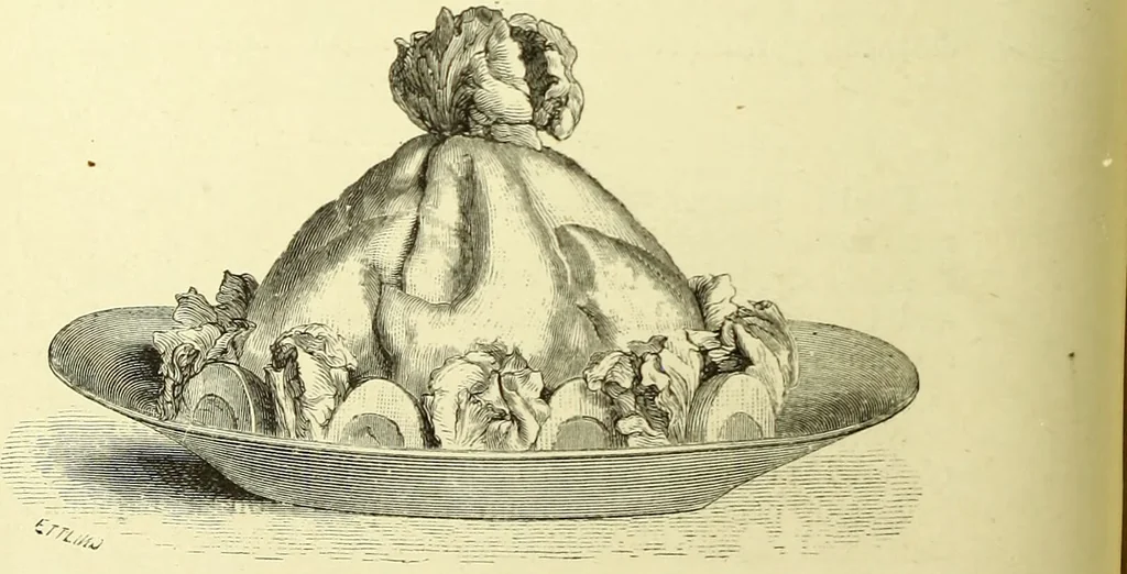 An illustration from The royal cookery book (le livre de cuisine) / by Jules Gouffé ; translated from the French and adapted for English use by Alphonse Gouffé ... comprising domestic and high-class cookery, illustrated with sixteen large plates printed in colours, and one hundred and sixty-one woodcuts from drawings from nature by E. Ronjat., 1883, leaf 162