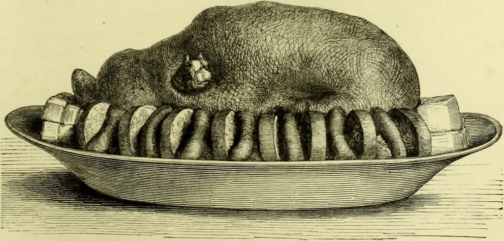 An illustration from The royal cookery book (le livre de cuisine) / by Jules Gouffé ; translated from the French and adapted for English use by Alphonse Gouffé ... comprising domestic and high-class cookery, illustrated with sixteen large plates printed in colours, and one hundred and sixty-one woodcuts from drawings from nature by E. Ronjat., 1883, leaf 167