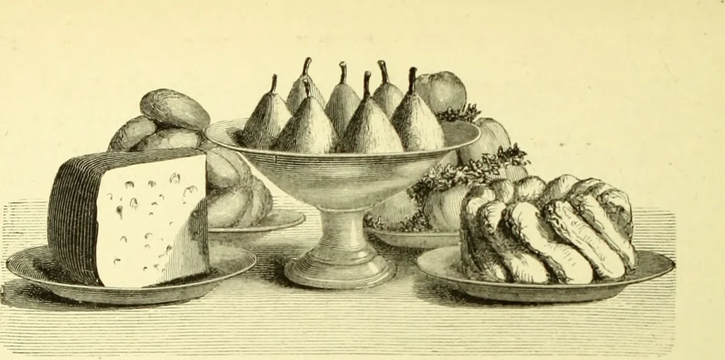 An illustration from The royal cookery book (le livre de cuisine) / by Jules Gouffé ; translated from the French and adapted for English use by Alphonse Gouffé ... comprising domestic and high-class cookery, illustrated with sixteen large plates printed in colours, and one hundred and sixty-one woodcuts from drawings from nature by E. Ronjat., 1883, leaf 244