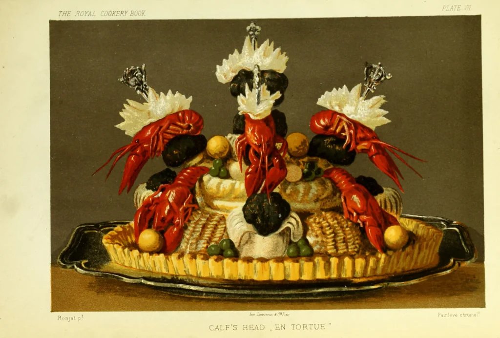 An illustration from The royal cookery book (le livre de cuisine) / by Jules Gouffé ; translated from the French and adapted for English use by Alphonse Gouffé ... comprising domestic and high-class cookery, illustrated with sixteen large plates printed in colours, and one hundred and sixty-one woodcuts from drawings from nature by E. Ronjat., 1883, leaf 387