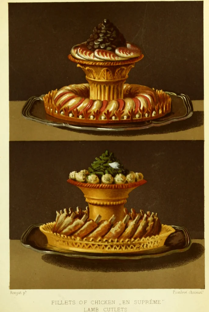 An illustration from The royal cookery book (le livre de cuisine) / by Jules Gouffé ; translated from the French and adapted for English use by Alphonse Gouffé ... comprising domestic and high-class cookery, illustrated with sixteen large plates printed in colours, and one hundred and sixty-one woodcuts from drawings from nature by E. Ronjat., 1883, leaf 443