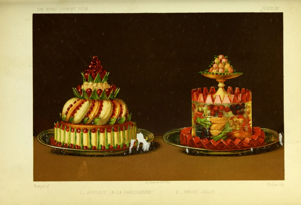 An illustration from The royal cookery book (le livre de cuisine) / by Jules Gouffé ; translated from the French and adapted for English use by Alphonse Gouffé ... comprising domestic and high-class cookery, illustrated with sixteen large plates printed in colours, and one hundred and sixty-one woodcuts from drawings from nature by E. Ronjat., 1883, leaf 599