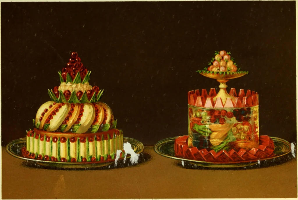 An illustration from The royal cookery book (le livre de cuisine) / by Jules Gouffé ; translated from the French and adapted for English use by Alphonse Gouffé ... comprising domestic and high-class cookery, illustrated with sixteen large plates printed in colours, and one hundred and sixty-one woodcuts from drawings from nature by E. Ronjat., 1883, leaf 599