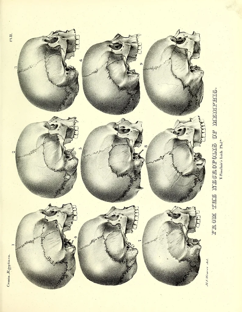 An illustration from Crania Aegyptiaca, or, Observations on Egyptian ethnography derived from anatomy, history and the monuments / by Samuel George Morton., 1844, leaf 81