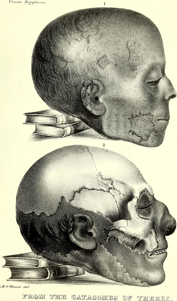 An illustration from Crania Aegyptiaca, or, Observations on Egyptian ethnography derived from anatomy, history and the monuments / by Samuel George Morton., 1844, leaf 99