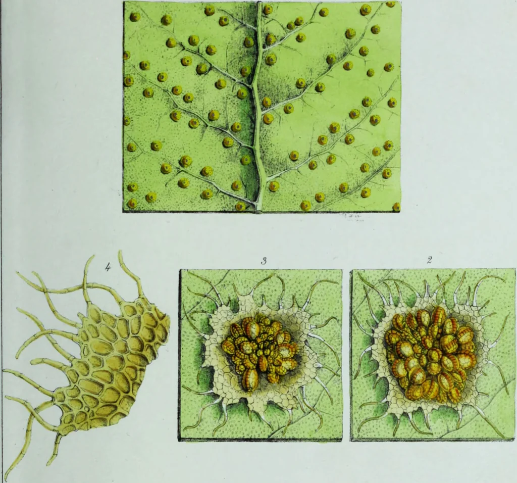 An illustration from Genera filicum, or, Illustrations of the ferns, and other allied genera / from the original coloured drawings of Francis Bauer ; with additions and descriptive letterpress, by Sir William Jackson Hooker., 1842, leaf 17