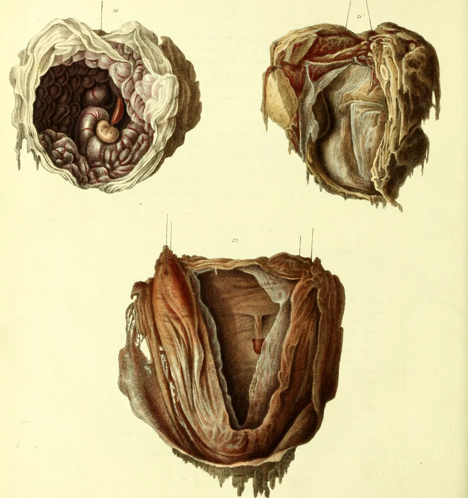 An illustration from Graphic illustrations of abortion and the diseases of menstruation. Consisting of twelve plates from drawings engraved on stone, and coloured by Mr. J. Perry, and two copperplates from the Philosophical transactions, coloured by the same artist. The whole representing forty-five specimens of aborted ova and adventitious productions of the uterus, with preliminary observations, explanations of the figures, and remarks, anatomical physiological / by A.B. Granville., 1834, leaf 76