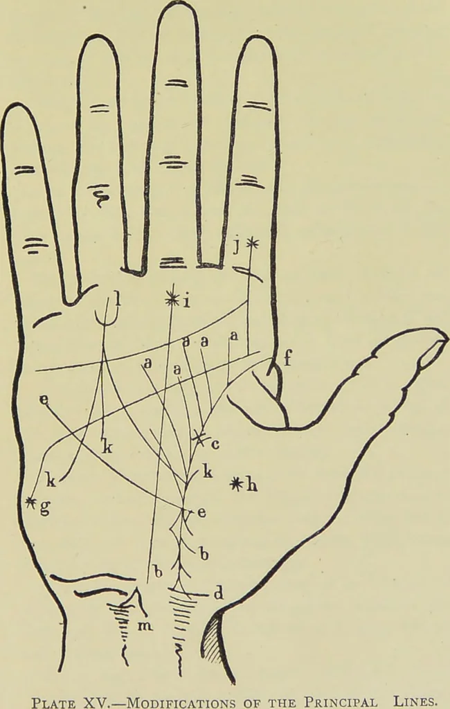 An illustration from A manual of cheirosophy : being a complete practical handbook of the twin sciences of cheirognomy and cheiromancy, by means whereof the past, the present, and the future may be read in the formations of the hands ; preceded by an introductory argument upon the science of cheirosophy and its claims to rank as a physical science / by Ed. Heron-Allen ; with full-page and other illustrations by Rosamund Brunel Horsley., 1885, leaf 251