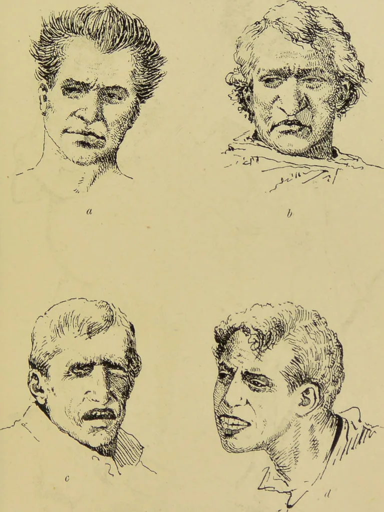 An illustration from Physiognomik und Mimik / von Paolo Mantegazza ; mit mehr als hundert original-zeichmungen von Hector und Edward Ximenes ; vom verfasser genehmigte übersetzung von R. Löwenfeld., 1890, leaf 157