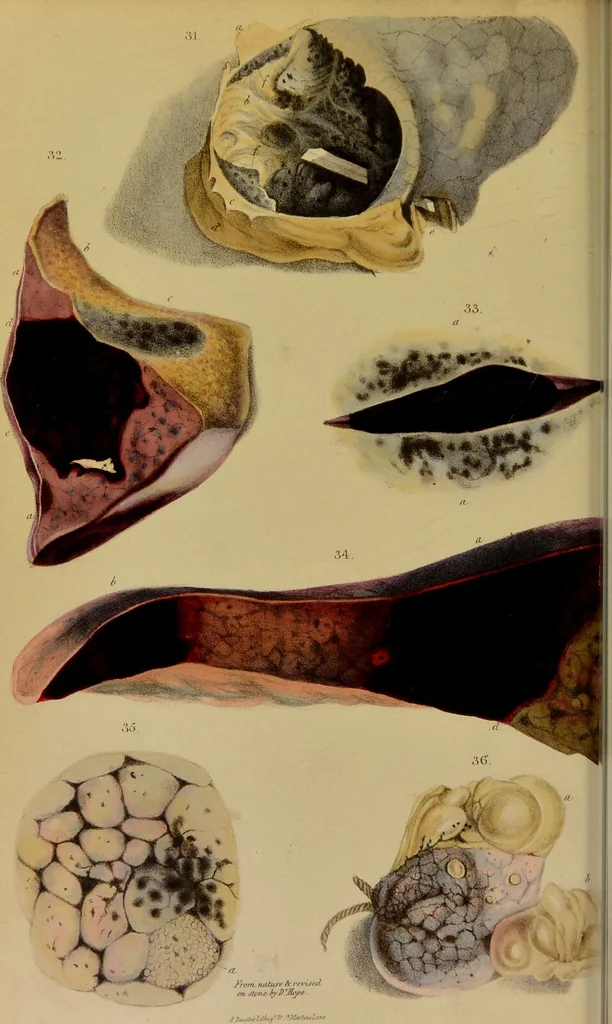 An illustration from Principles and illustrations of morbid anatomy : adapted to the elements of M. Andral, and to the Cyclopaedia of practical medicine, being a complete series of coloured lithographic drawings from originals by the author; with descriptions and summary allusions to cases, symptoms, treatment, &c. ... / by J. Hope., 1834, leaf 342