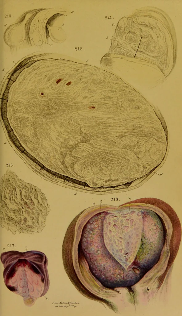 An illustration from Principles and illustrations of morbid anatomy : adapted to the elements of M. Andral, and to the Cyclopaedia of practical medicine, being a complete series of coloured lithographic drawings from originals by the author; with descriptions and summary allusions to cases, symptoms, treatment, &c. ... / by J. Hope., 1834, leaf 569