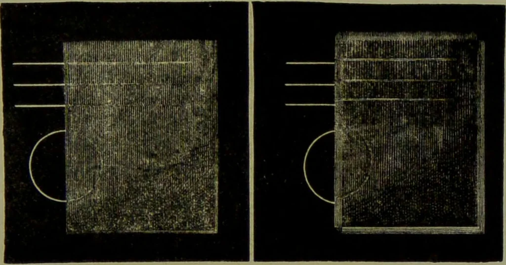 An illustration from Spectrum analysis in its application to terrestrial substances, and the physical constitution of the heavenly bodies / familiarly explained by H. Schellen ; translated from the second enlarged and revised German edition by Jane and Caroline Lassell ; edited with notes by William Huggins ; with numerous woodcuts and coloured plates, and Ångström's and Kirchhoff's maps., 1872, leaf 101