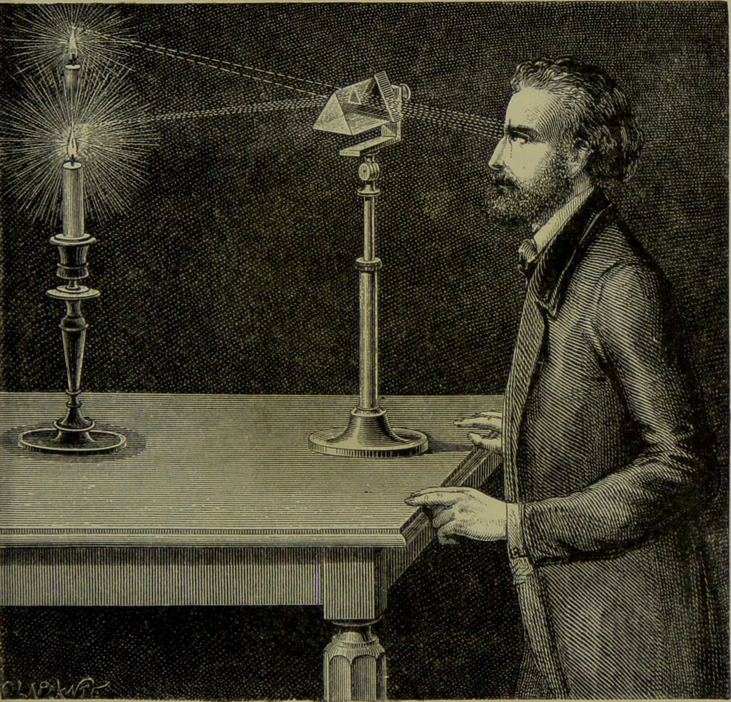 An illustration from Spectrum analysis in its application to terrestrial substances, and the physical constitution of the heavenly bodies / familiarly explained by H. Schellen ; translated from the second enlarged and revised German edition by Jane and Caroline Lassell ; edited with notes by William Huggins ; with numerous woodcuts and coloured plates, and Ångström's and Kirchhoff's maps., 1872, leaf 109