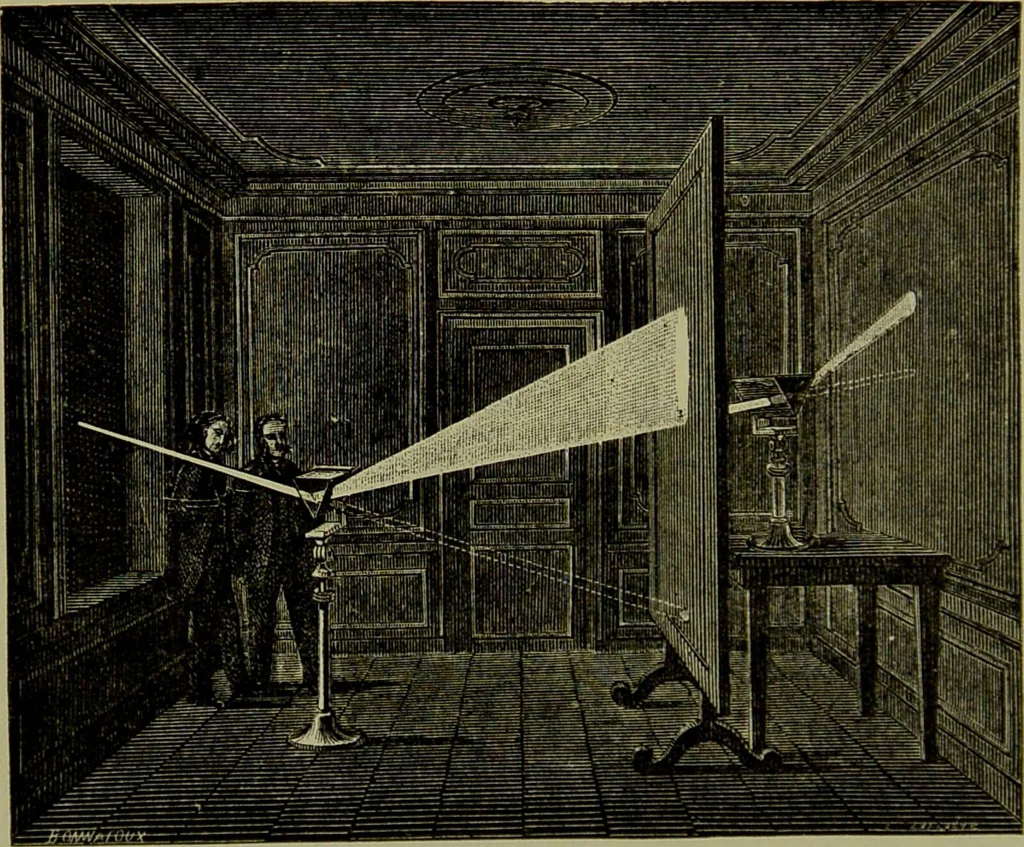An illustration from Spectrum analysis in its application to terrestrial substances, and the physical constitution of the heavenly bodies / familiarly explained by H. Schellen ; translated from the second enlarged and revised German edition by Jane and Caroline Lassell ; edited with notes by William Huggins ; with numerous woodcuts and coloured plates, and Ångström's and Kirchhoff's maps., 1872, leaf 116