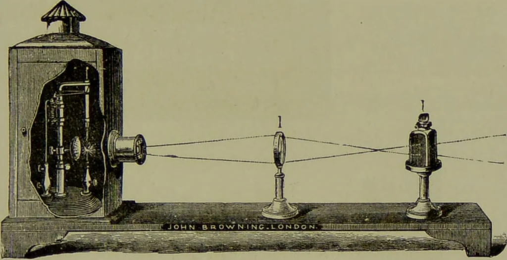 An illustration from Spectrum analysis in its application to terrestrial substances, and the physical constitution of the heavenly bodies / familiarly explained by H. Schellen ; translated from the second enlarged and revised German edition by Jane and Caroline Lassell ; edited with notes by William Huggins ; with numerous woodcuts and coloured plates, and Ångström's and Kirchhoff's maps., 1872, leaf 125