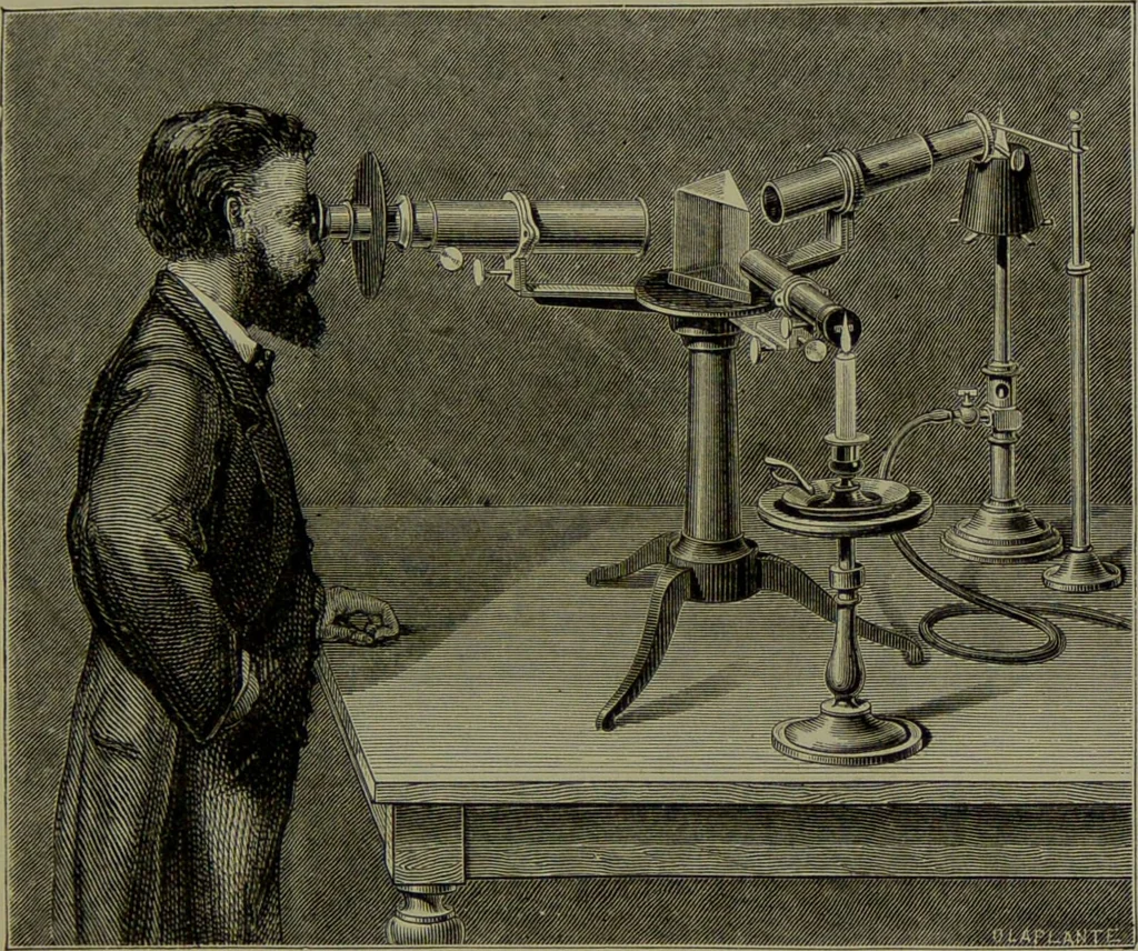 An illustration from Spectrum analysis in its application to terrestrial substances, and the physical constitution of the heavenly bodies / familiarly explained by H. Schellen ; translated from the second enlarged and revised German edition by Jane and Caroline Lassell ; edited with notes by William Huggins ; with numerous woodcuts and coloured plates, and Ångström's and Kirchhoff's maps., 1872, leaf 157