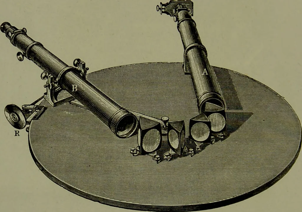 An illustration from Spectrum analysis in its application to terrestrial substances, and the physical constitution of the heavenly bodies / familiarly explained by H. Schellen ; translated from the second enlarged and revised German edition by Jane and Caroline Lassell ; edited with notes by William Huggins ; with numerous woodcuts and coloured plates, and Ångström's and Kirchhoff's maps., 1872, leaf 158