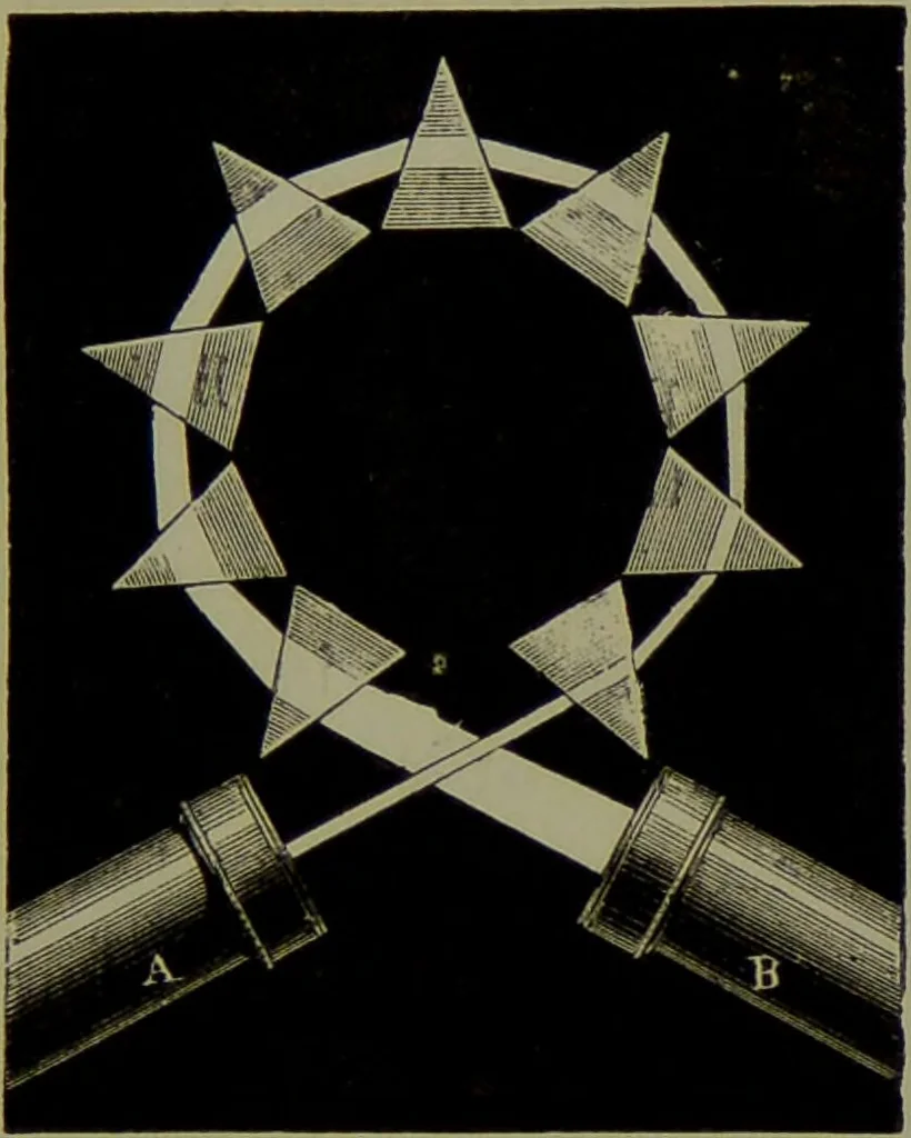 An illustration from Spectrum analysis in its application to terrestrial substances, and the physical constitution of the heavenly bodies / familiarly explained by H. Schellen ; translated from the second enlarged and revised German edition by Jane and Caroline Lassell ; edited with notes by William Huggins ; with numerous woodcuts and coloured plates, and Ångström's and Kirchhoff's maps., 1872, leaf 161