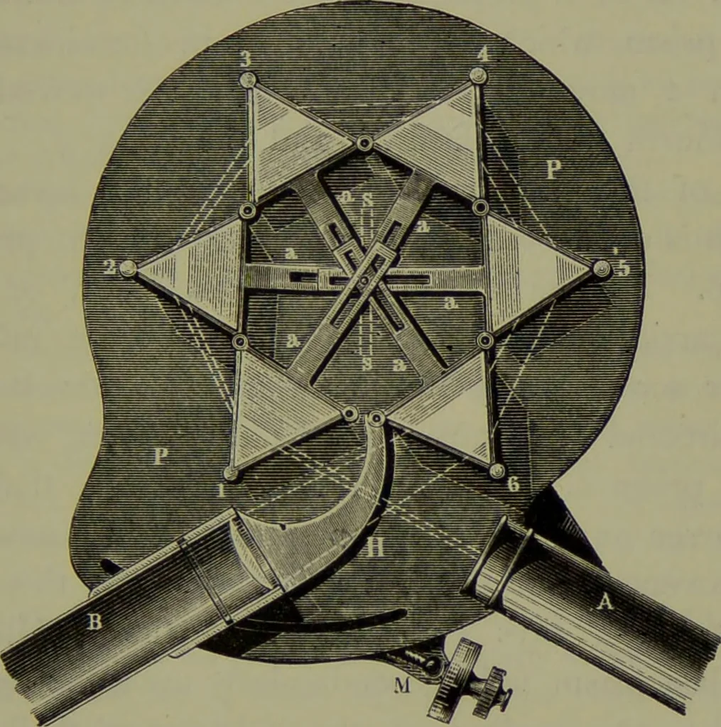 An illustration from Spectrum analysis in its application to terrestrial substances, and the physical constitution of the heavenly bodies / familiarly explained by H. Schellen ; translated from the second enlarged and revised German edition by Jane and Caroline Lassell ; edited with notes by William Huggins ; with numerous woodcuts and coloured plates, and Ångström's and Kirchhoff's maps., 1872, leaf 163