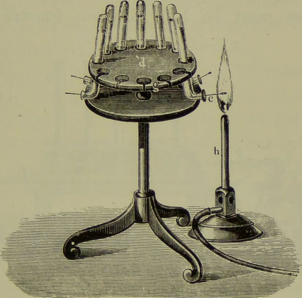 An illustration from Spectrum analysis in its application to terrestrial substances, and the physical constitution of the heavenly bodies / familiarly explained by H. Schellen ; translated from the second enlarged and revised German edition by Jane and Caroline Lassell ; edited with notes by William Huggins ; with numerous woodcuts and coloured plates, and Ångström's and Kirchhoff's maps., 1872, leaf 181