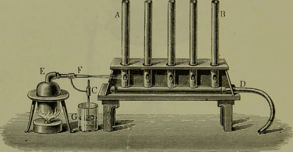 An illustration from Spectrum analysis in its application to terrestrial substances, and the physical constitution of the heavenly bodies / familiarly explained by H. Schellen ; translated from the second enlarged and revised German edition by Jane and Caroline Lassell ; edited with notes by William Huggins ; with numerous woodcuts and coloured plates, and Ångström's and Kirchhoff's maps., 1872, leaf 182