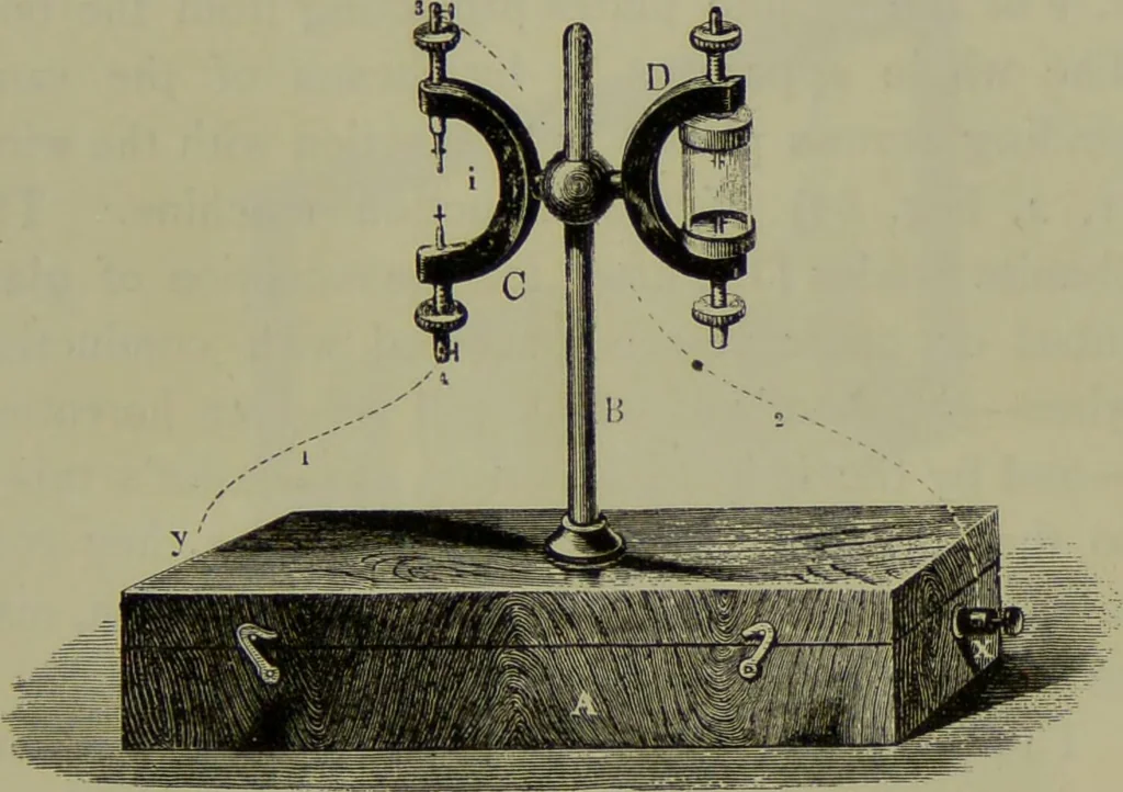 An illustration from Spectrum analysis in its application to terrestrial substances, and the physical constitution of the heavenly bodies / familiarly explained by H. Schellen ; translated from the second enlarged and revised German edition by Jane and Caroline Lassell ; edited with notes by William Huggins ; with numerous woodcuts and coloured plates, and Ångström's and Kirchhoff's maps., 1872, leaf 185