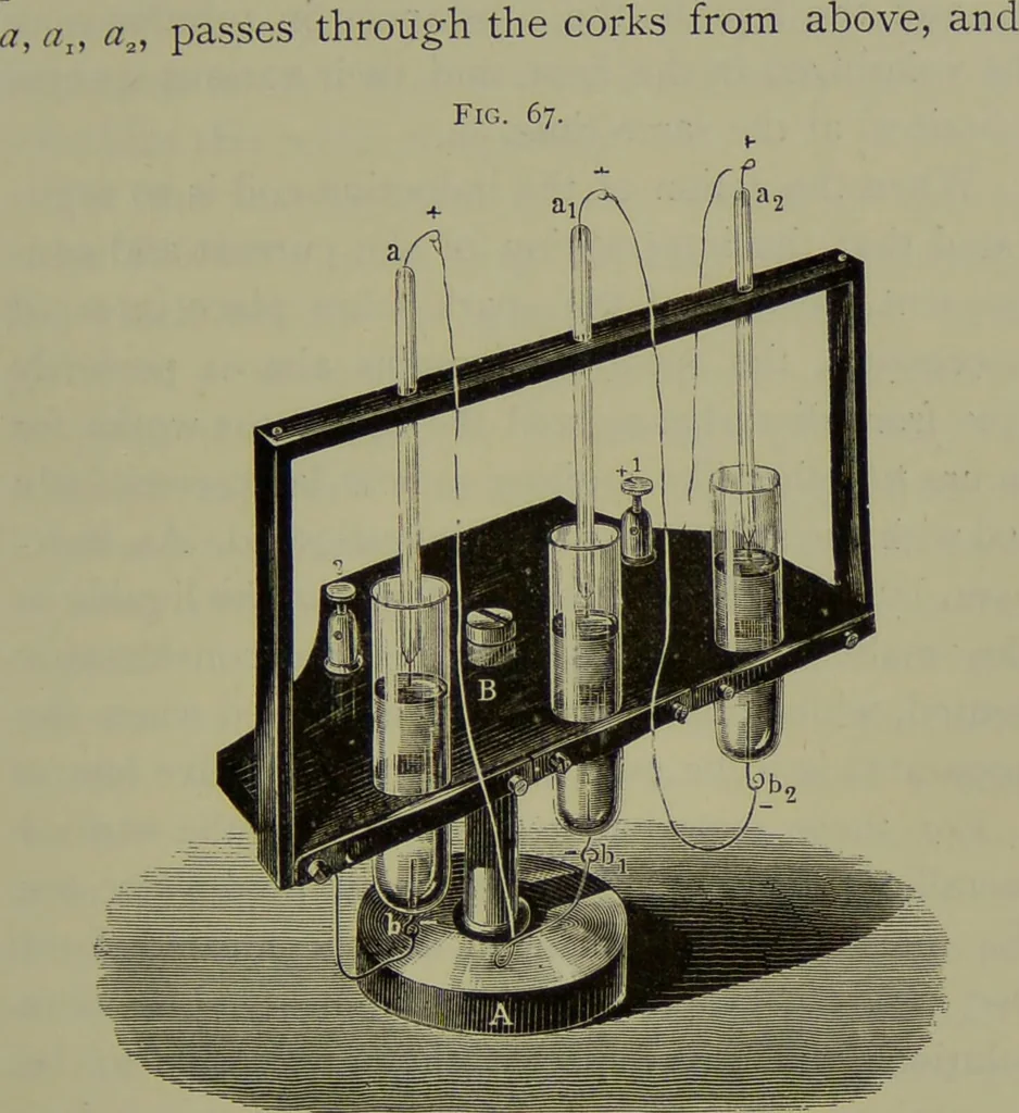 An illustration from Spectrum analysis in its application to terrestrial substances, and the physical constitution of the heavenly bodies / familiarly explained by H. Schellen ; translated from the second enlarged and revised German edition by Jane and Caroline Lassell ; edited with notes by William Huggins ; with numerous woodcuts and coloured plates, and Ångström's and Kirchhoff's maps., 1872, leaf 187