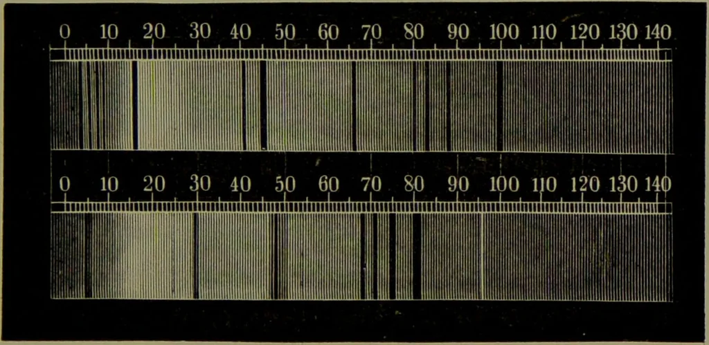 An illustration from Spectrum analysis in its application to terrestrial substances, and the physical constitution of the heavenly bodies / familiarly explained by H. Schellen ; translated from the second enlarged and revised German edition by Jane and Caroline Lassell ; edited with notes by William Huggins ; with numerous woodcuts and coloured plates, and Ångström's and Kirchhoff's maps., 1872, leaf 227